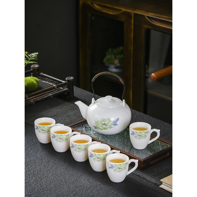 大号羊脂玉茶壶功夫茶具套装一壶六杯提梁壶茶具整套带把防烫茶杯
