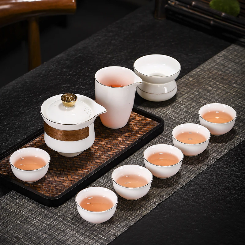 家用羊脂玉陶瓷功夫茶具套装防烫隔热盖碗茶具整套轻奢家用泡茶器
