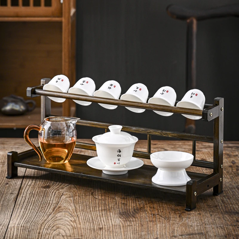 huateng/化腾送博古置物收纳架羊脂玉陶瓷功夫茶具套装纯色轻奢