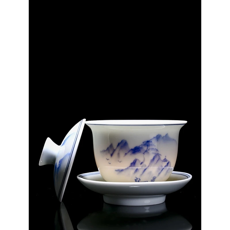 大号青花瓷手绘盖碗釉下彩陶瓷功夫茶具三才盖碗家用泡茶碗单个