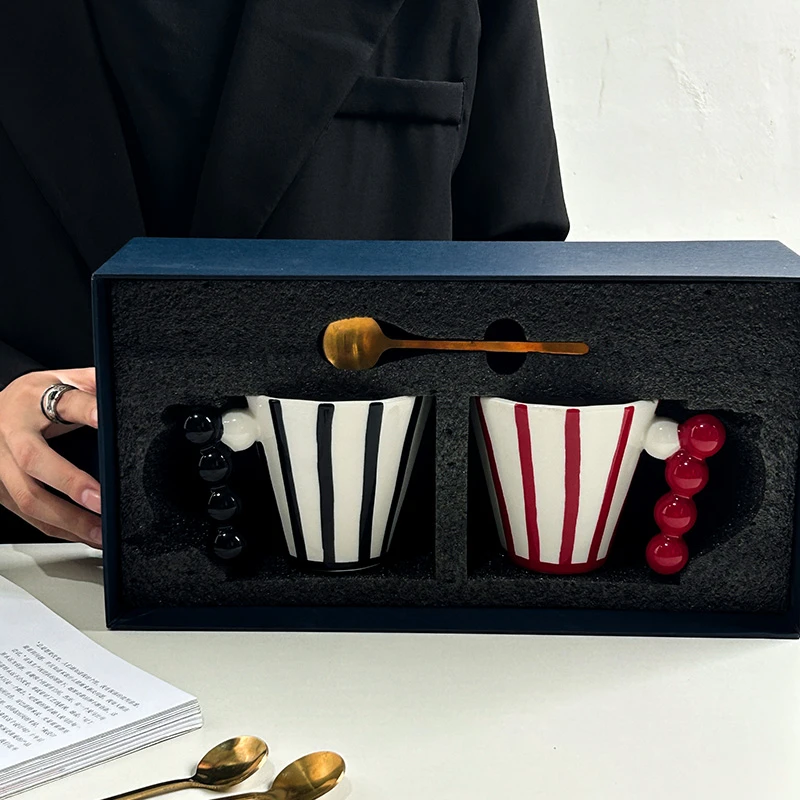 法式条纹马克杯家用高颜值设计感珍珠手柄咖啡杯高档精致咖啡杯