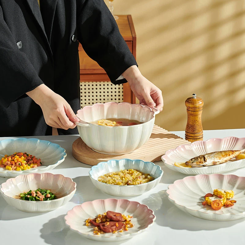 deardali渐变色陶瓷餐具花朵盘子家用碗碟套装高颜值餐盘