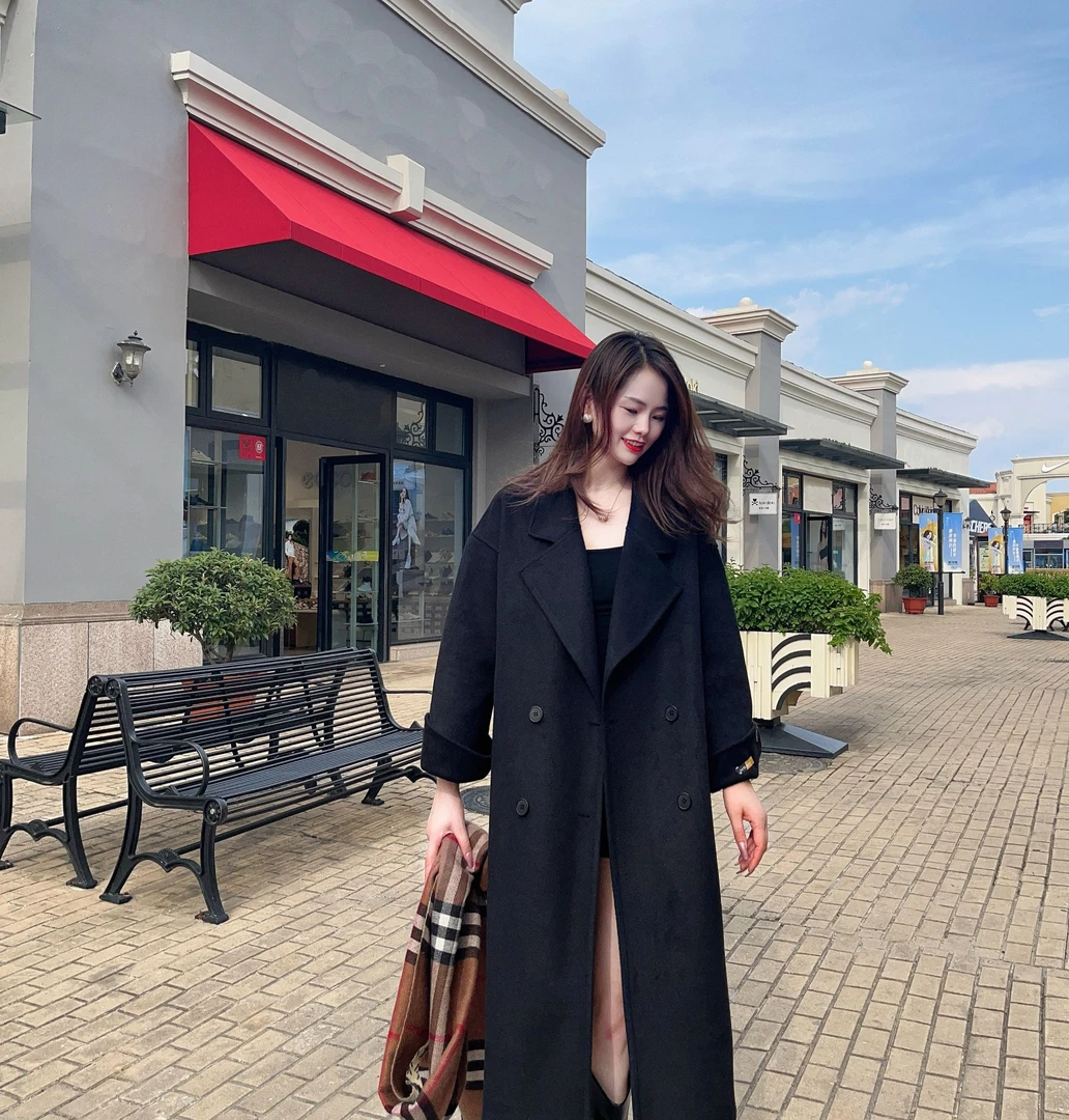 2024秋冬新款双面绒大衣女中长款西装领毛呢外套双排扣韩版修身厚