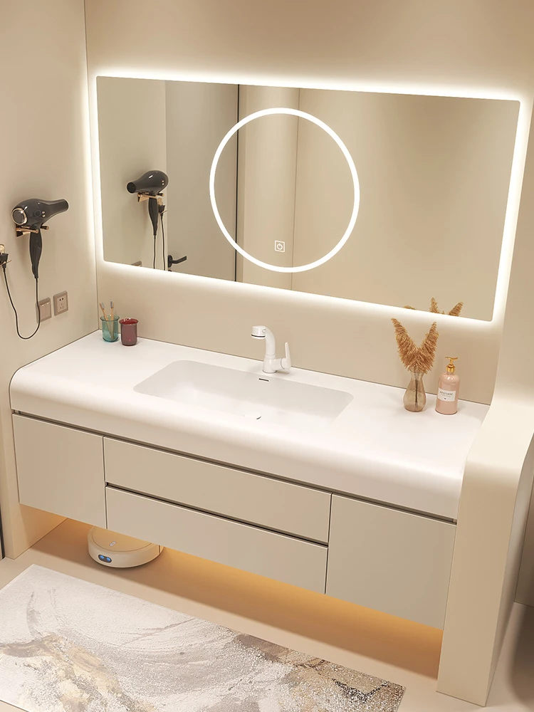 【新品爆款-可丽耐一体盆】轻奢浴室柜现代简约奶油风洗漱台高颜值