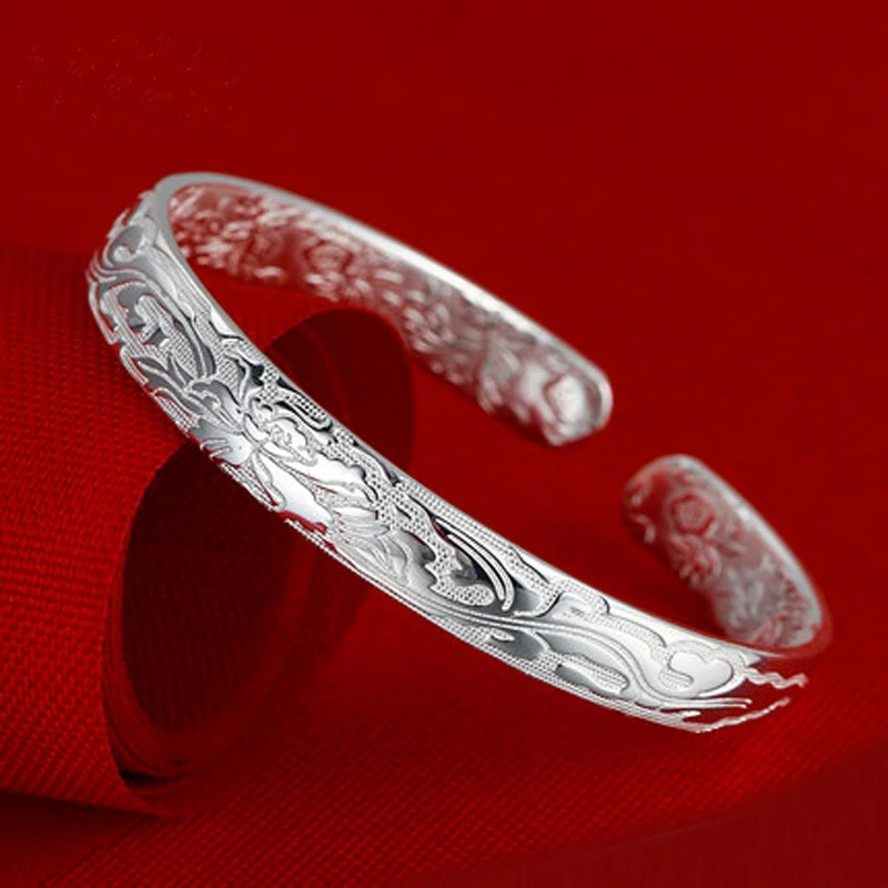足银手镯 银大福纯银999繁花似锦手镯女时尚民族风开口足银手环圈