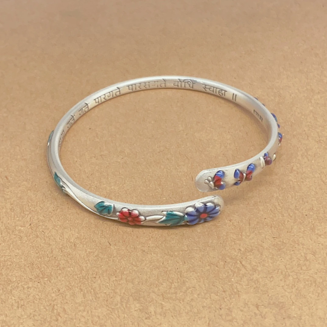 足银手镯 银大福9999足银珐琅开口交叉手镯纯银莲花复古符号实心