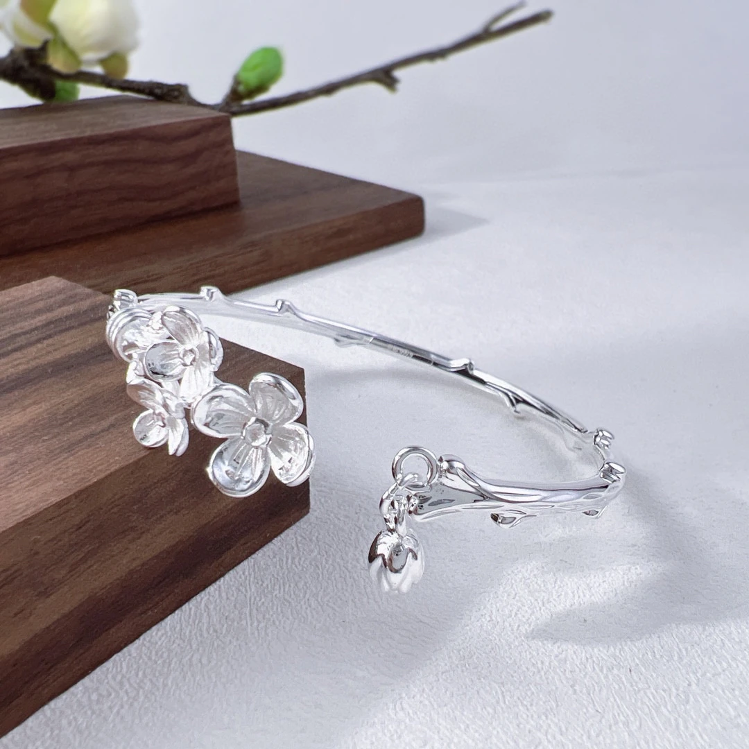 足银手镯 银大福9999足银花枝花朵立体手镯莲蓬实心光面精工纯银