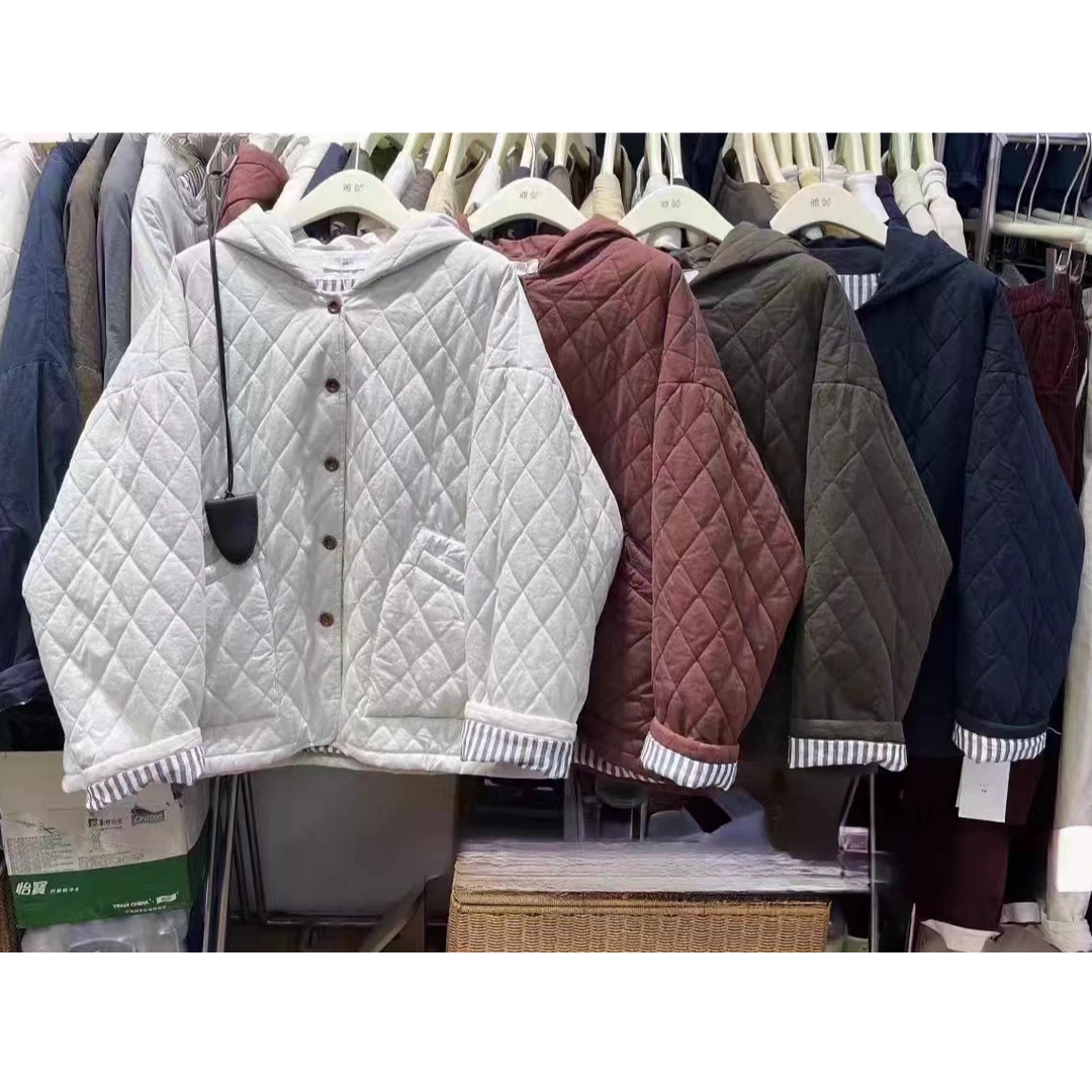 8073宽松时尚休闲圆领连帽百搭短款显瘦森女系棉服外套-衣长63