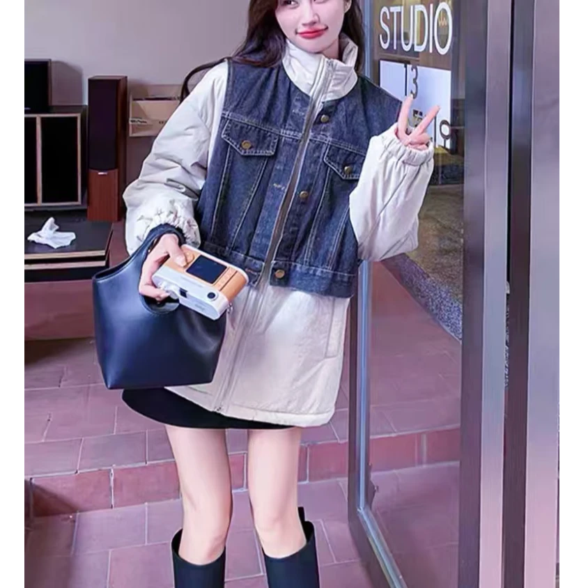 001拼接假两件韩版宽松棉衣外套