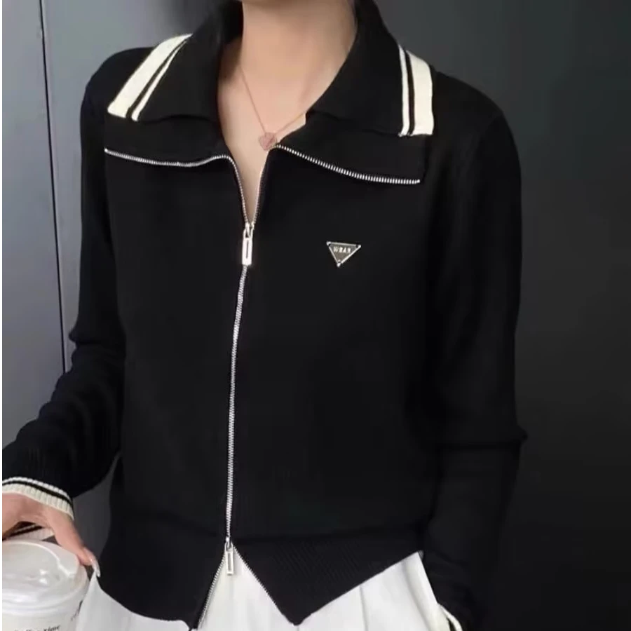 K07早秋新款翻领双拉链长袖针织衫（衣长51）