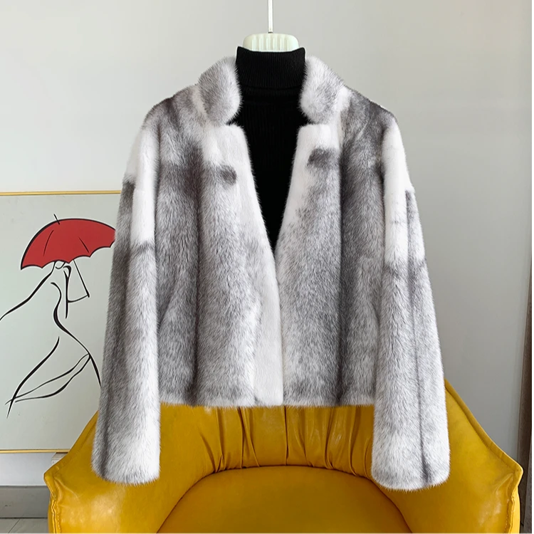 进口丹麦紫金皇冠天鹅绒短二整貂立领简约短款气质时尚显瘦女外套