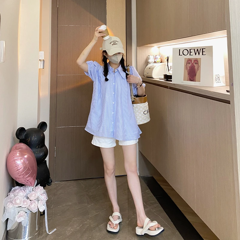 孕妇条纹衬衫夏季小清新条纹翻领衬衣短袖上衣托腹短裤套装两件套