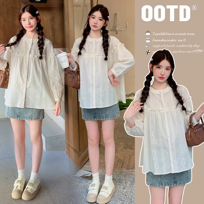 孕妇蕾丝衬衫2024春秋甜美圆领宽松长袖娃娃衫泡泡袖绣花减龄上衣