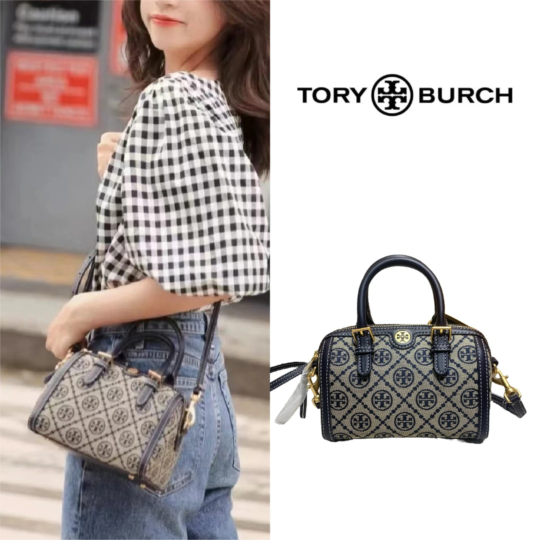 99新 Tory Burch/汤丽柏琦  波士顿包老花满印织物拼皮单肩斜挎包