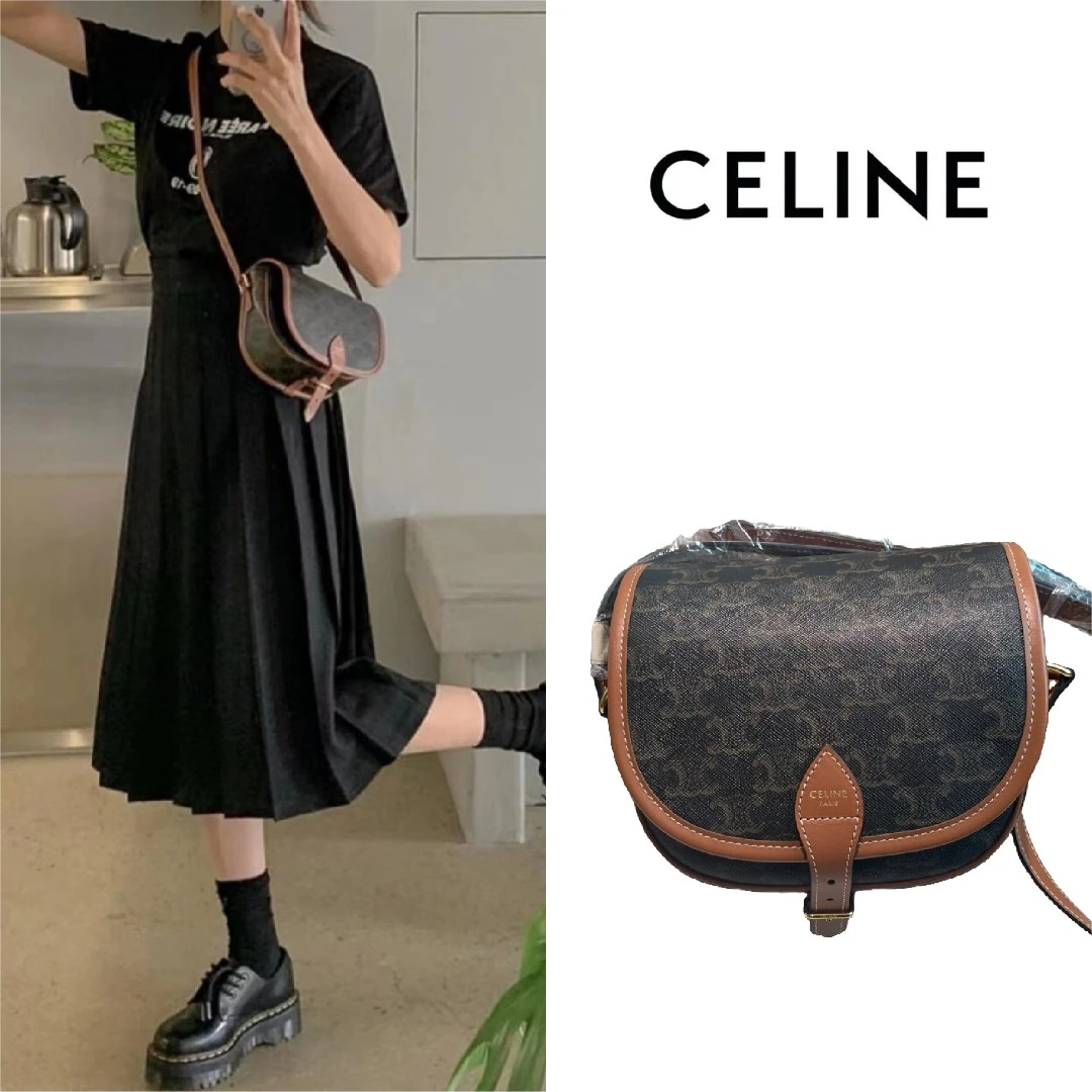 99新 Celine/思琳  Folco系列 马鞍凯旋门经典老花满印搭扣斜挎包