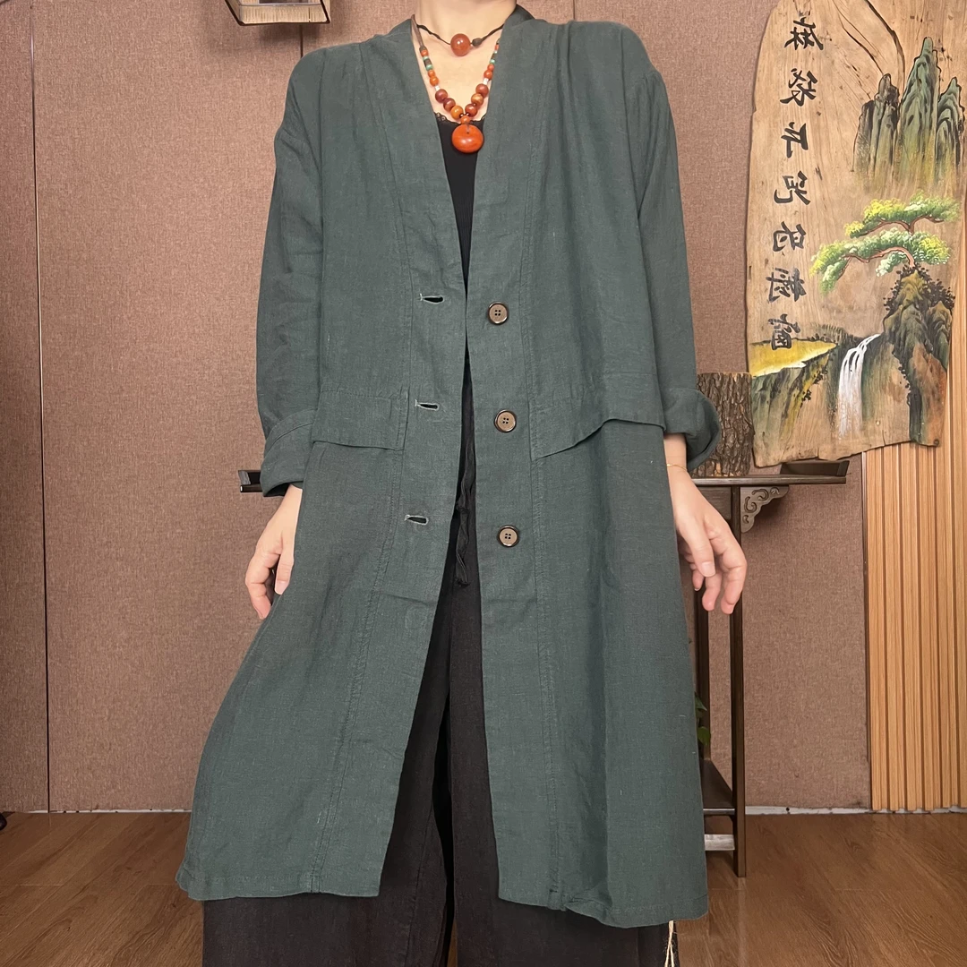 麻袋片儿 2269时尚气质百搭宽松亚麻炒色做旧V领中长款上衣外套