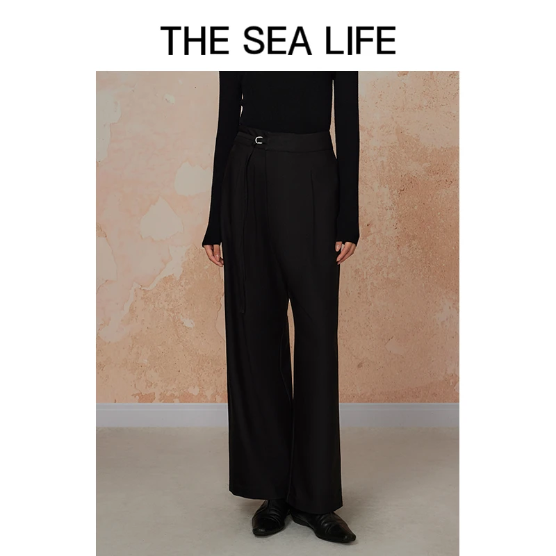 欧海一生气质西装裤2024年秋高腰时尚黑色阔腿裤thesealifeC12226
