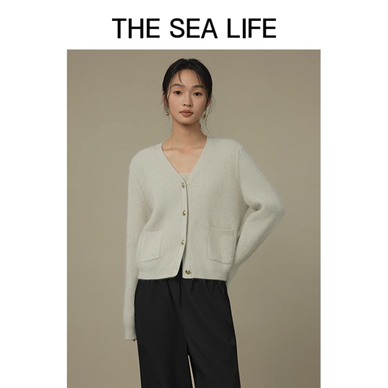 欧海一生24年秋绵羊毛针织开衫白桦色暖和毛衣thesealifeVE12538