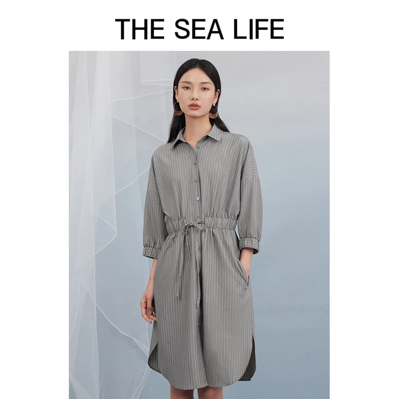 欧海一生 衬衫式连衣裙女夏季新款收腰中袖通勤thesealife15706