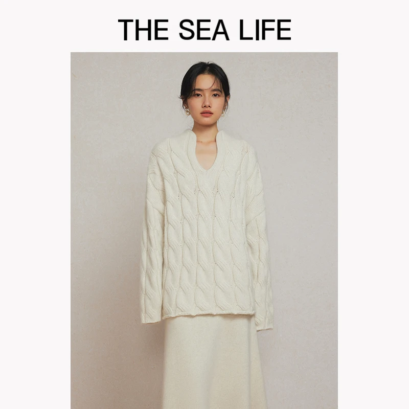 欧海一生25春法式复古粗针绞花套头毛衣兔毛针织thesealife190009
