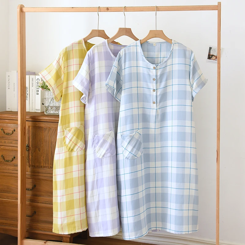 夏季薄款全棉格子宽松睡裙纯棉时尚大码居家女款中长款夏天睡裙
