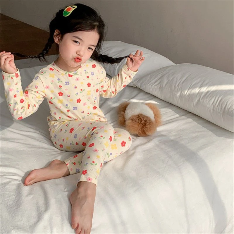 【乐亦晨】2024秋冬季冬新款女童碎花睡衣儿童保暖内衣套装长袖睡衣