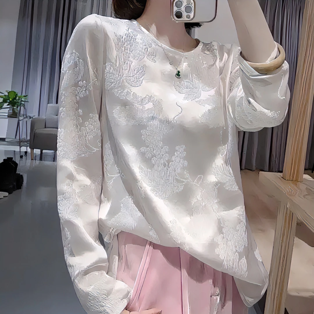 新中式夏季中国风磅冠乐皱双面提花百搭衬衫气质圆领小衫长袖衬衣