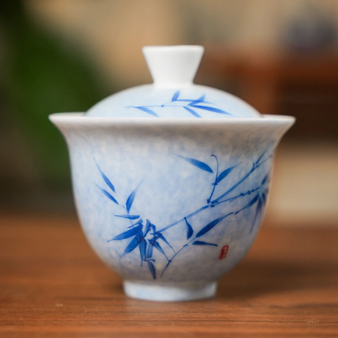 【本真造物】纯手绘洒蓝竹纹盖碗 陶瓷手绘盖碗