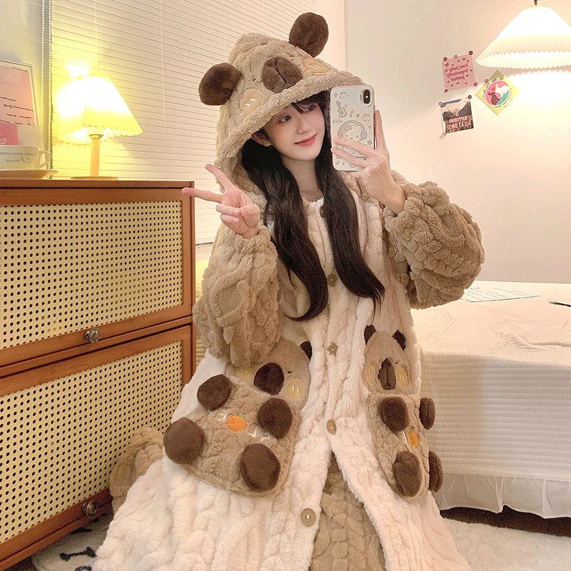卡皮巴拉睡袍秋冬季2024新款珊瑚绒加厚加绒睡衣女家居服可外穿