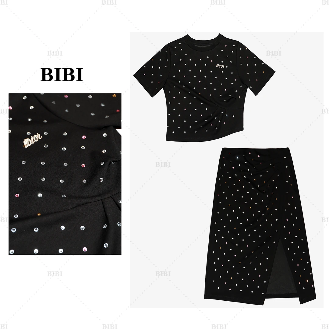 【丽公主】93092带钻褶皱T恤半裙休闲时尚气质显瘦套裙2件套