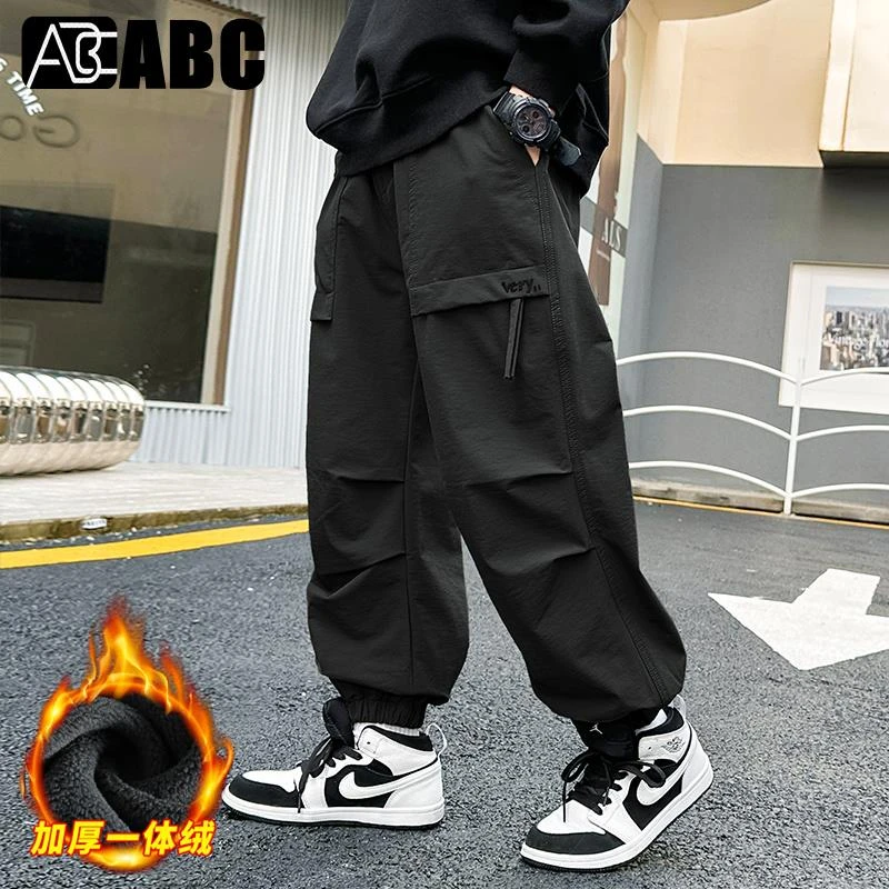 ABC男童加绒加厚速干裤秋冬新款一体儿童中大童休闲裤宽松工装裤