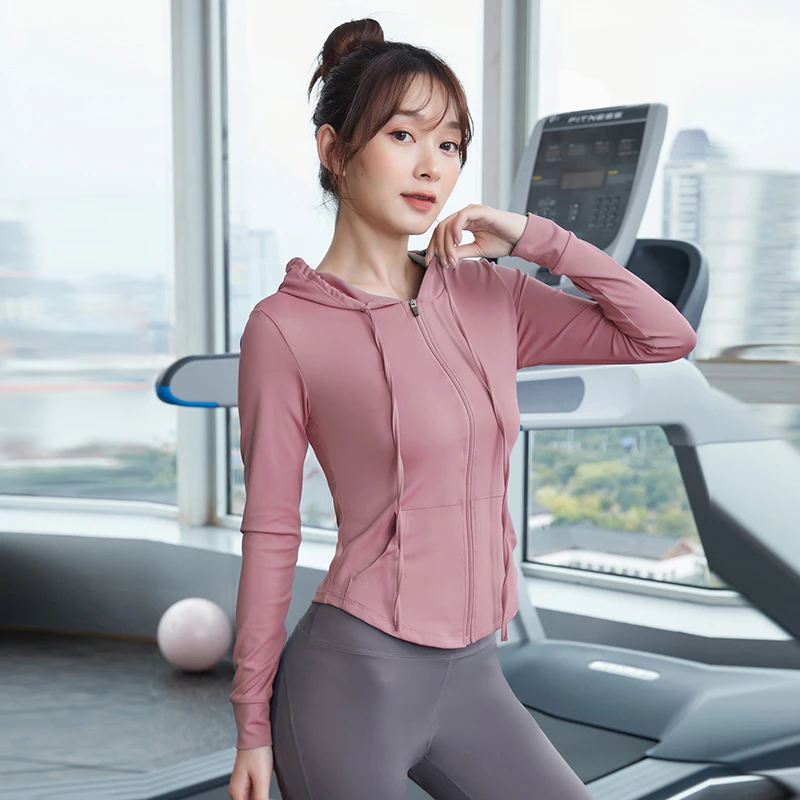 范斯蒂克健身服女运动外套速干透气修身显瘦瑜伽跑步晨跑连帽长袖