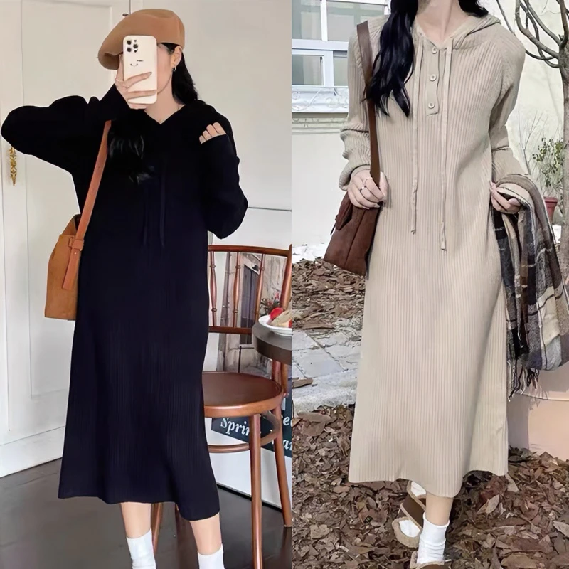 【熙妍】2024秋冬季毛衣裙女中长款过膝连帽针织打底衫加厚宽松053