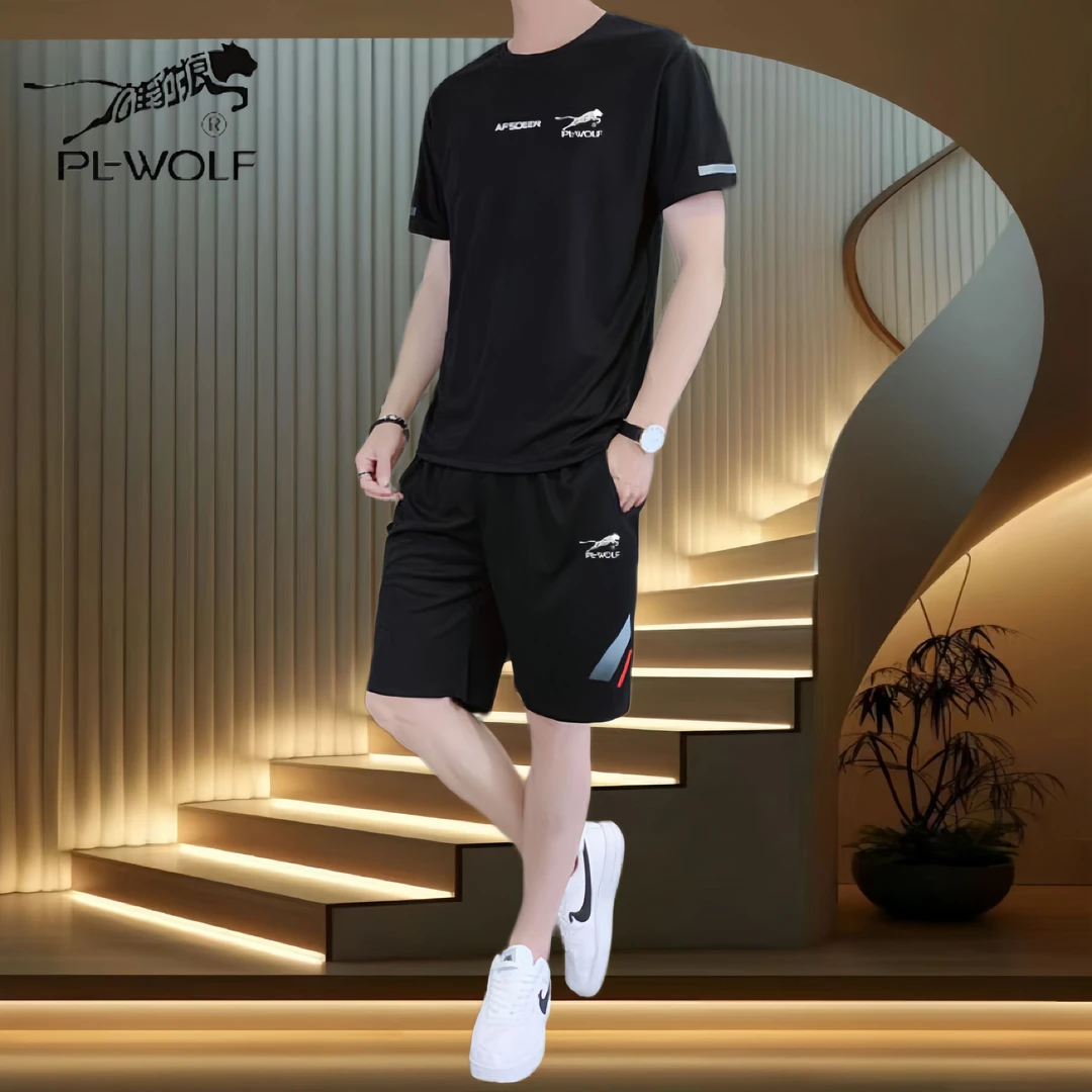 雄豹狼品牌夏季新款男士运动休闲短袖短裤套装时尚潮流透气运动服
