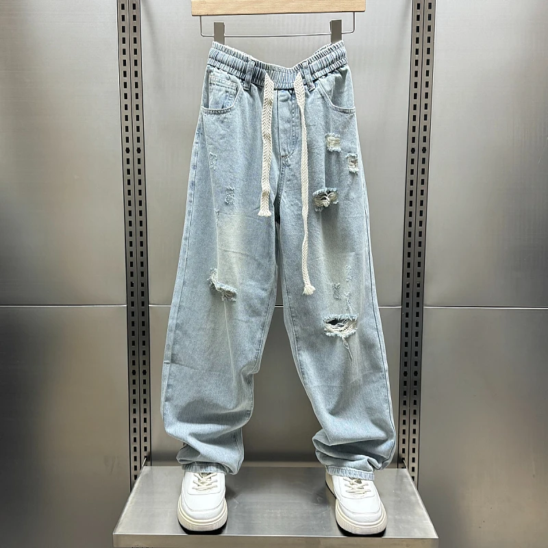 夏季新款破洞牛仔裤男士薄款潮牌修身小脚裤水洗松紧腰九分休闲裤