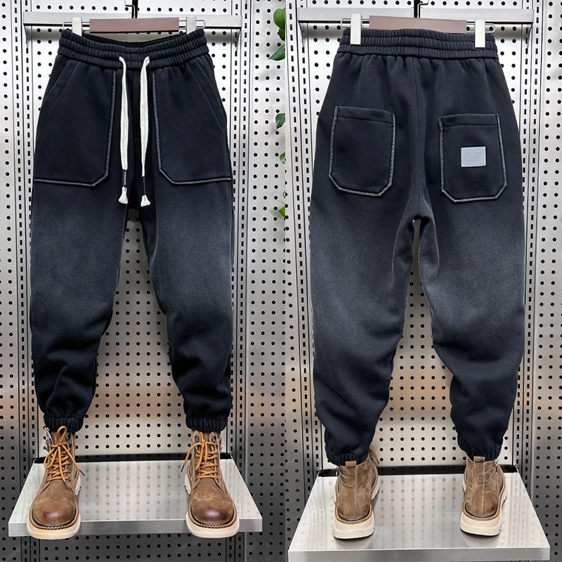 秋季新款男士宽松百搭休闲裤男潮牌渐变色束脚哈伦裤运动加绒卫裤