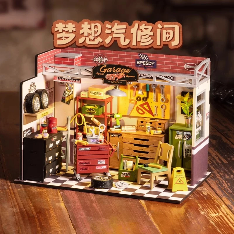 rolife/若来梦想汽修间diy小屋微场景手工拼装房模型木制积木玩具