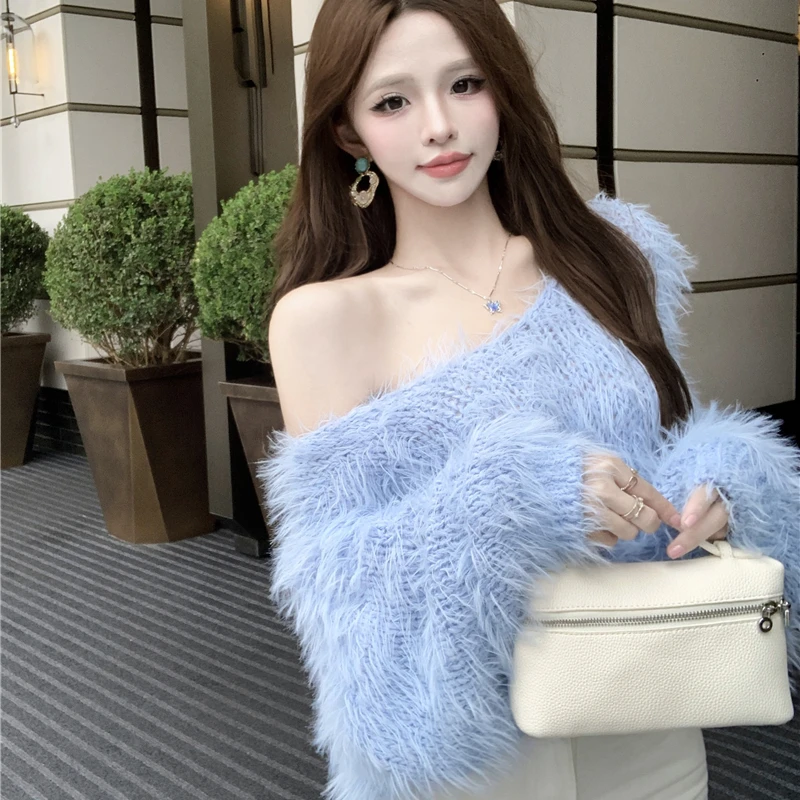 水貂绒紫色毛衣女秋冬纯欲甜辣妹一字肩短款上衣马海毛软糯针织衫