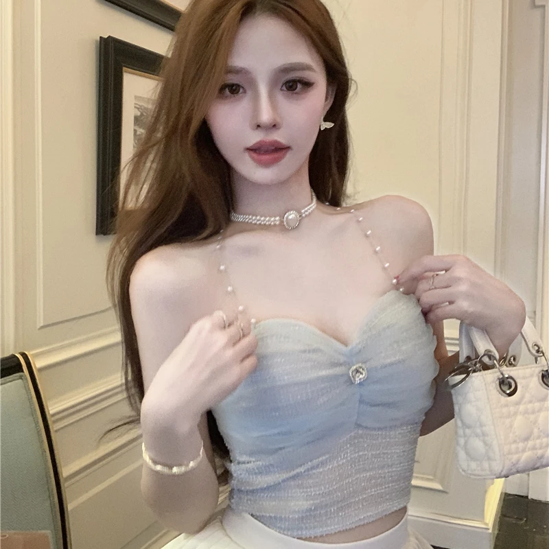 美式纯欲辣妹小香风褶皱短款挂脖抹胸吊带上衣高腰半身裙套装女夏