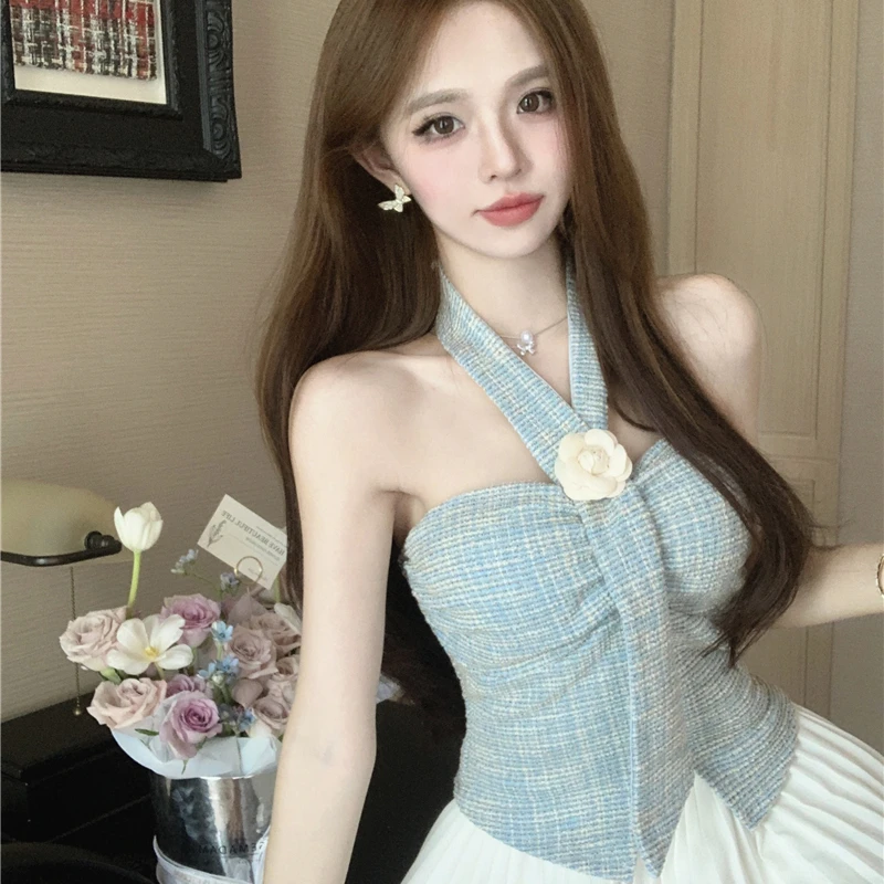 夏季显瘦抹胸背心外穿山茶花挂脖上衣+辣妹高腰裙裤两件套套装