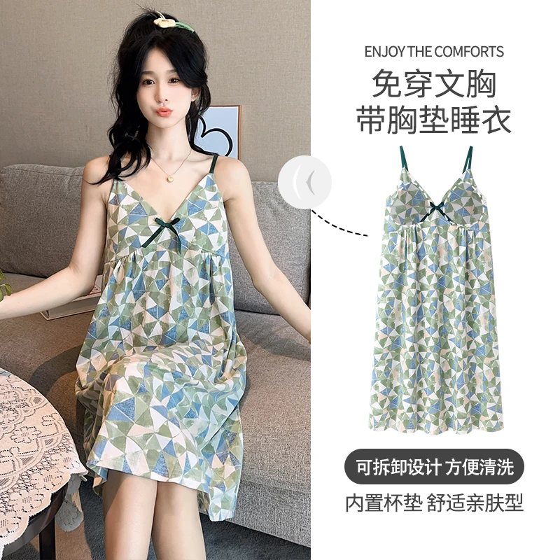 夏季新款吊带睡裙女薄款带胸垫无袖甜美少女睡衣宽松加大码连衣裙