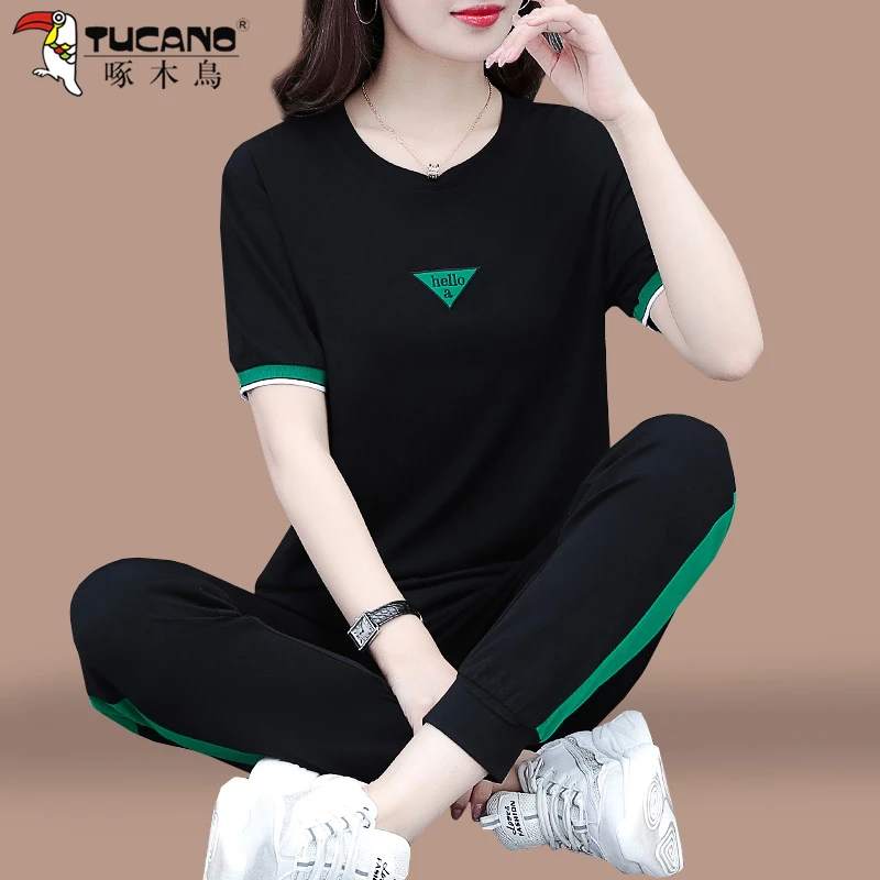 【官方品牌】啄木鳥运动套装女夏季2023新款洋气宽松短袖两件套