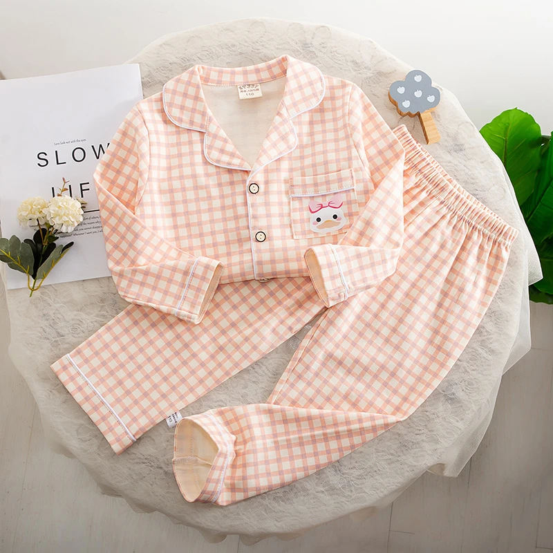 【月亮慧选】A类100%棉儿童睡衣格子长袖春秋家居服套装男女童亲子