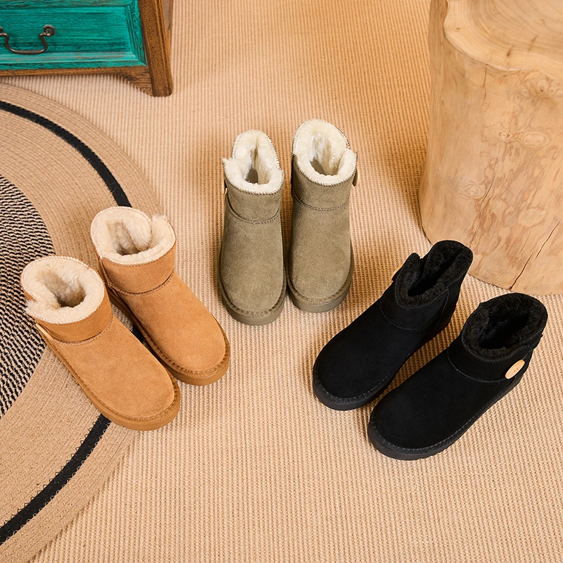 系扣子雪地靴女士冬季棉靴2024新款加绒加厚底棉鞋保暖短筒雪地靴