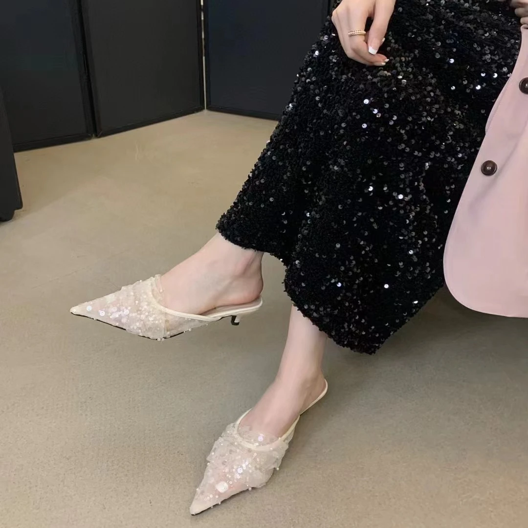 2024春夏新款亮片网纱尖头细跟中跟拖鞋透明低跟包头半拖凉拖女鞋