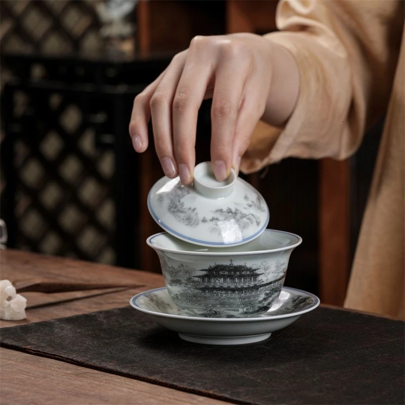 四大名楼盖碗单个景德镇仿古陶瓷茶杯墨彩青花泡茶碗功夫茶岳阳楼