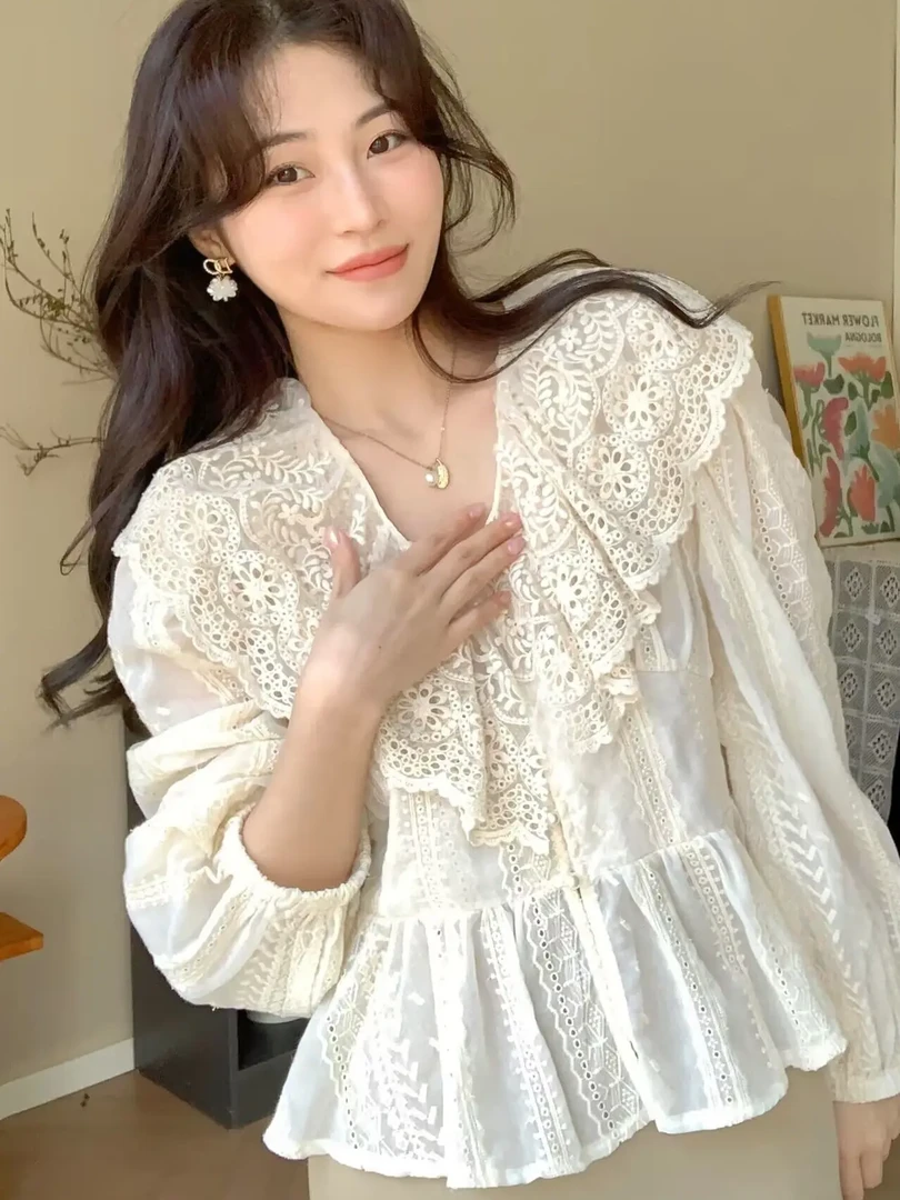 韩系娃娃领蕾丝拼接气质衬衫女2023春季设计感时尚显瘦别致上衣