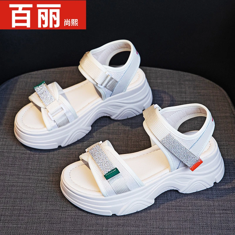 百丽尚熙魔术贴坡跟小白鞋2023夏季外穿露趾时装凉鞋软底轻便女鞋
