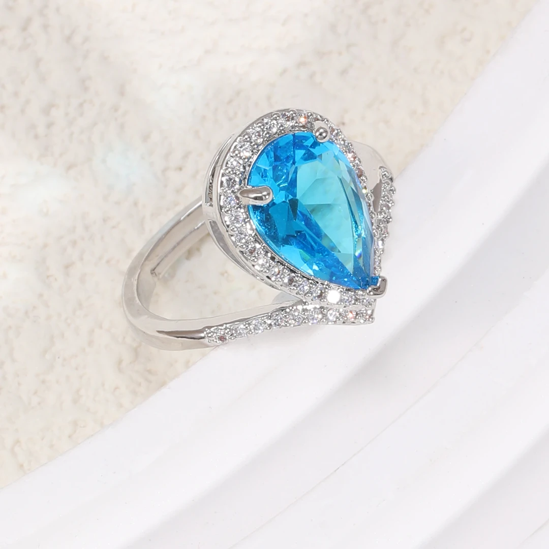 铜合金合成锆石戒指 J293蓝色轻奢欧美海洋之心开口可调节戒指