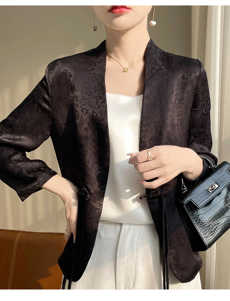新款中国风盘扣缎面春夏宽松中式透气提花小西装外套休闲气质薄款